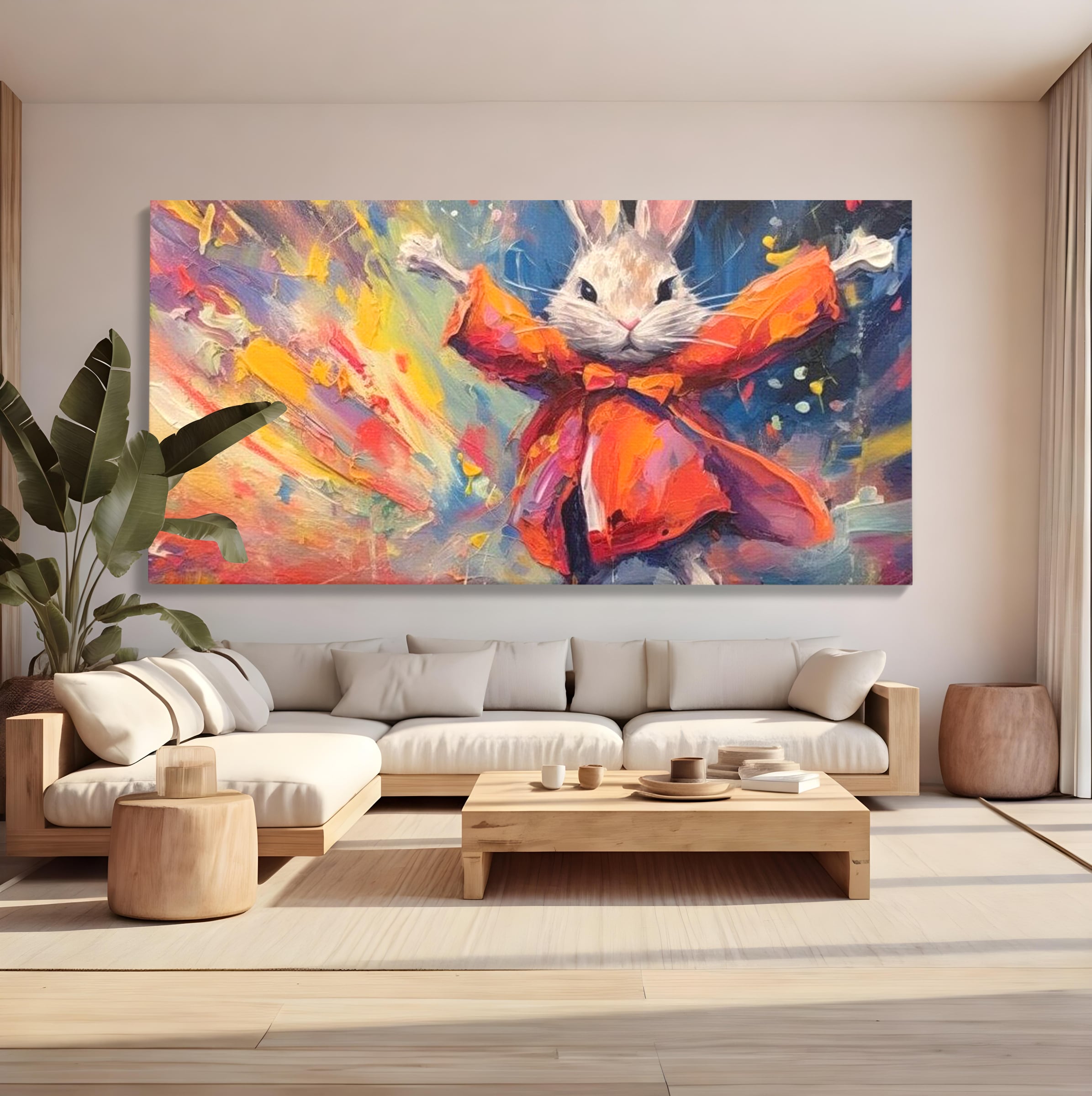 Tablou canvas cu tablou canvas cu iepuras magician colorat, fara rama, pe sasiu de lemn, pe perete intr-un living